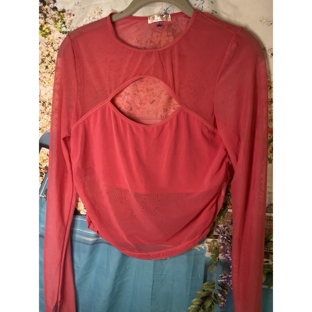 Womens Red Long Sleeve‎ Mesh Yoga Crop Top Medium Sports
